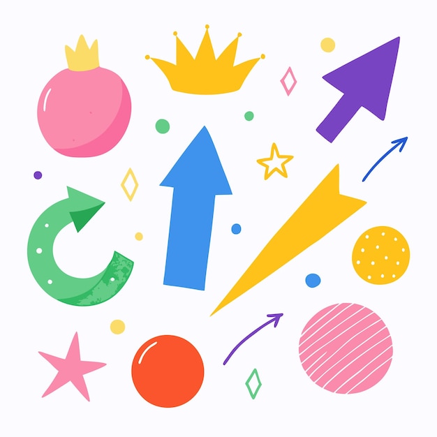 Flechas de colores Estrellas y círculos sobre un fondo blanco