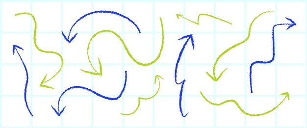 Flechas coloridas en azul y verde en un fondo de cuadrícula Flechas curvas y rectas azules y verdes crean un patrón dinámico en la cuadrícula Flecha en la cuadritura Conjunto vectorial de elementos Doodle
