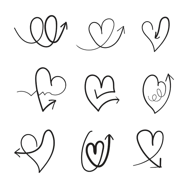 Flechas de corazón dibujadas a mano Conjunto de flechas dibujadas de mano Ilustración vectorial