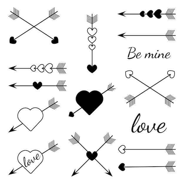 Vector flechas con corazones. conjunto de elementos de diseño para el día de san valentín y la boda. ilustración de vector.