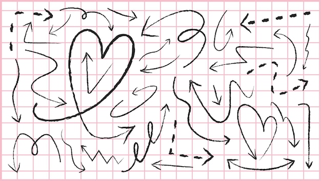 Flechas y corazones dibujados a mano en un fondo de cuadrícula Flechas en varias direcciones corazones entrelazados Flechas bocetadas corazones juguetones patrón de cuadrícula dinámica Conjunto vectorial de elementos