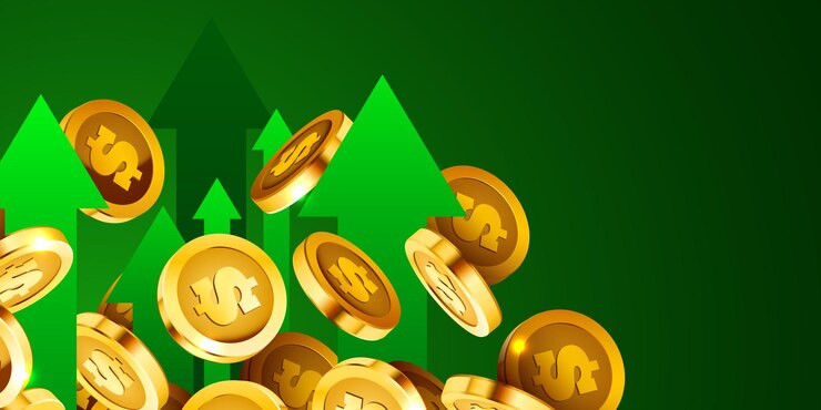 Vector flechas crecientes y monedas voladoras concepto de éxito ilustración vectorial