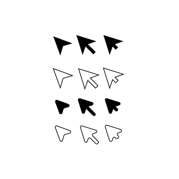 Las flechas del cursor del ratón son negras, planas y contorno Icono vectorial para aplicaciones y sitios web