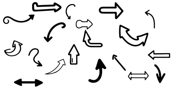 Flechas curvas dibujadas a mano elementos de diseño de líneas garabateadas contorno ilustración vectorial de garabateo