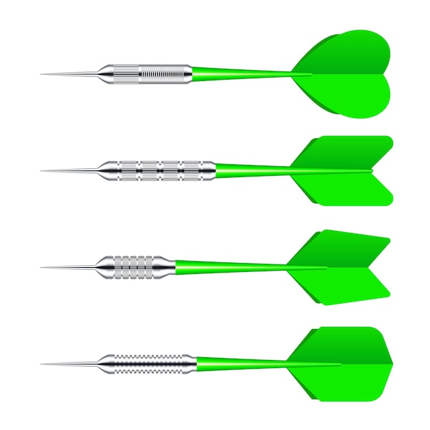 Vector flechas de dardos verdes con punta de metal aisladas en fondo blanco dardos lanzando dardos de juego deportivo