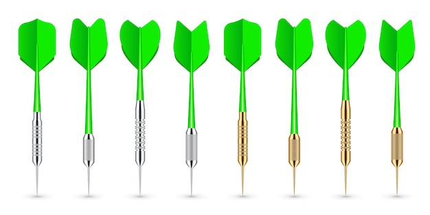 Flechas de dardos verdes con punta de metal y dardos de sombra lanzando equipo de dardos de juego deportivo vector.