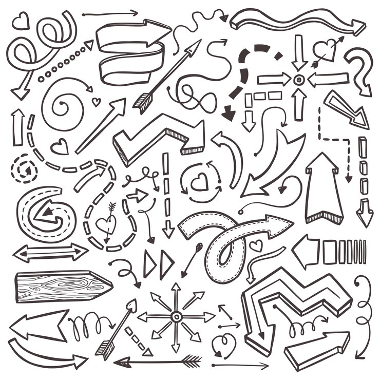 Vector flechas dibujadas a mano en blanco. ilustración abstracta con elementos de fondo de bosquejo