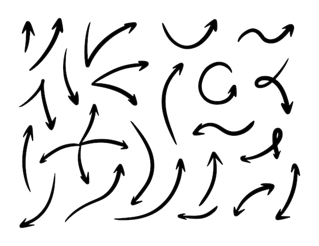 Flechas dibujadas a mano conjunto vectorial líneas garabateadas remolinos flechas garabateadas punteros de dirección de dibujo
