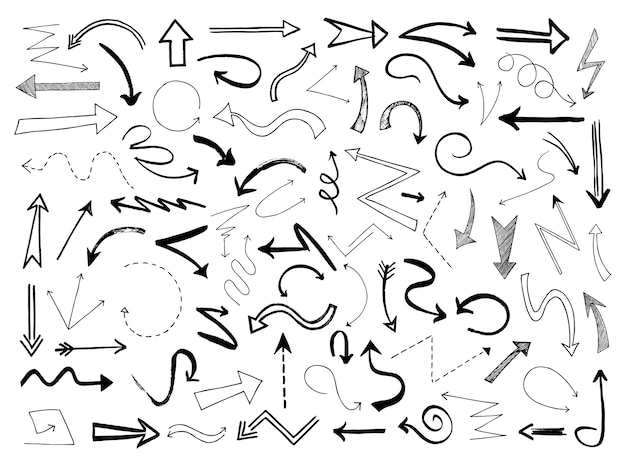 Flechas dibujadas a mano. Dibuje señales de línea de dirección de flecha negra. Punteros de forma monocromática de garabatos de Doodle, conjunto de vectores de contorno