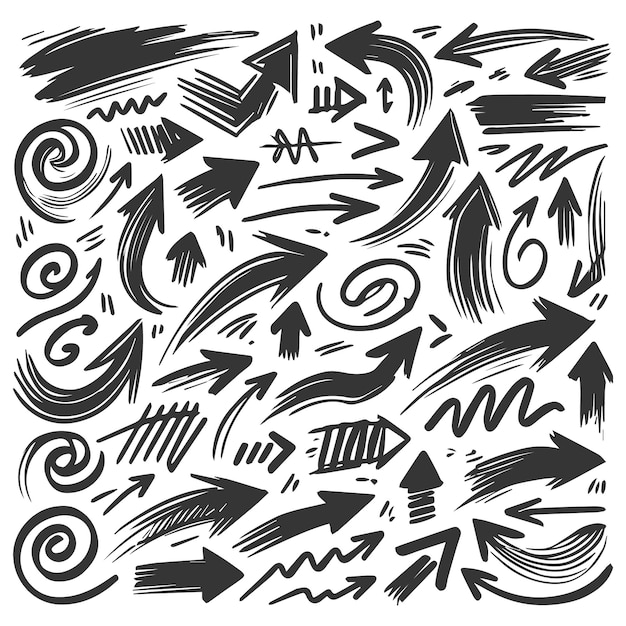 Las flechas dibujadas a mano establecen elementos de diseño gráfico de ilustración vectorial