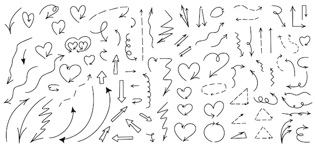 Flechas dibujadas a mano y garabates en diferentes direcciones formas creativas Vector