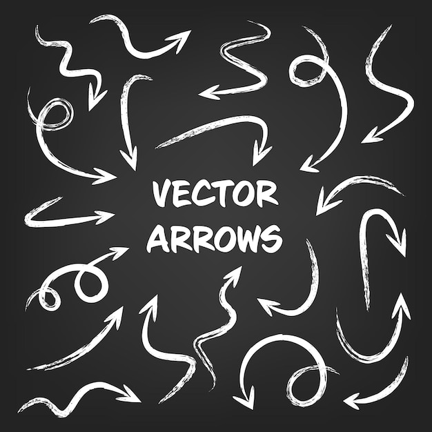 Flechas dibujadas a mano grunge blanco establecido en fondo gris flecha cursor icono punteros vectoriales colección