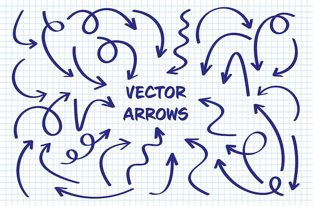 Flechas dibujadas a mano en una hoja de papel a cuadros Cuaderno escolar para dibujar icono de flecha simple