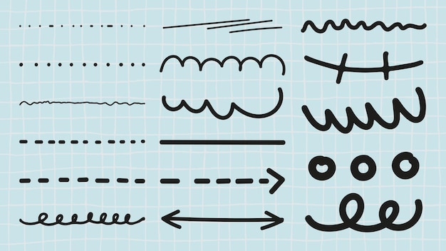 Flechas dibujadas a mano líneas y garabatos en un fondo de cuadrícula Flechas y líneas varían en estilo con garabatos que agregan un toque lúdico Flechas y lineas en negro Elementos de vector dibujados a mano negros