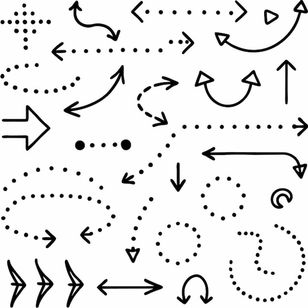 Flechas dibujadas a mano con líneas punteadas en blanco y negro