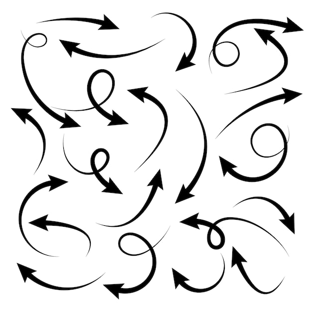 Flechas dibujadas a mano negras en fondo blanco Flecha cursor icono punteros vectoriales Colección De vuelta Siguiente página web Signo