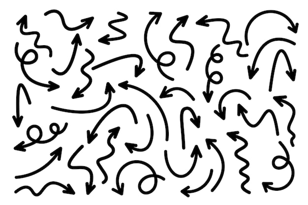 Flechas dibujadas a mano negras en fondo blanco Flecha cursor icono punteros vectoriales Colección De vuelta Siguiente página web Signo
