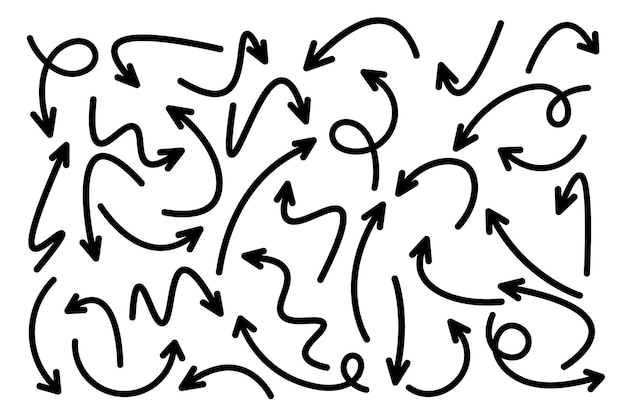Flechas dibujadas a mano negras en fondo blanco Flecha cursor icono punteros vectoriales Colección De vuelta Siguiente página web Signo