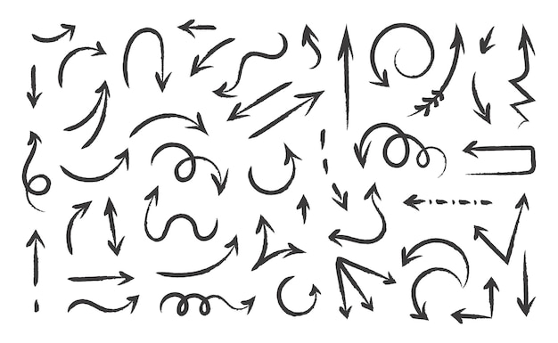Flechas dibujadas a mano Pincel boceto de señales de curva de dirección Pluma de tinta y lápiz aislados punteros negros abstractos Símbolos de giro hacia la izquierda y hacia la derecha Conjunto de iconos geométricos de navegación de garabatos vectoriales