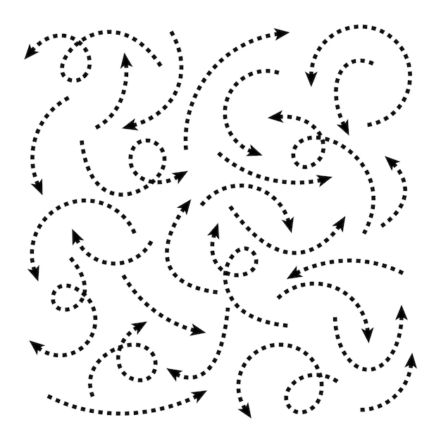 Flechas dibujadas a mano con puntos negros en fondo blanco Icono de cursor de flecha Colección de punteros vectoriales Atrás Siguiente Signo de página web