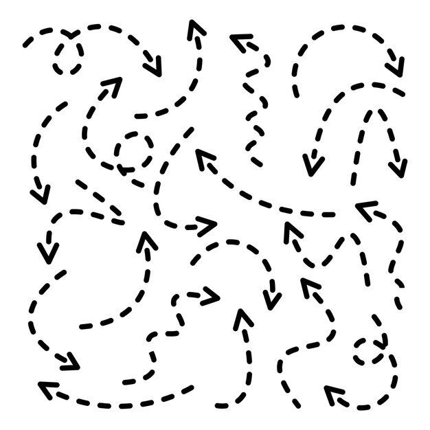 Flechas dibujadas a mano con puntos negros en fondo blanco Icono de cursor de flecha Colección de punteros vectoriales Atrás Siguiente Signo de página web