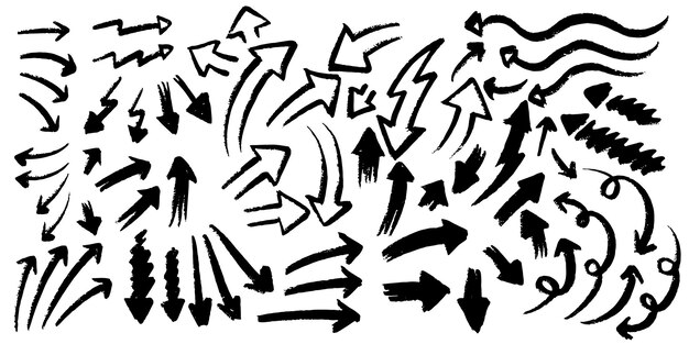 Flechas con diferentes formas y direcciones Colección de iconos de bocetos de símbolos de dibujo a lápiz de dirección negra Elementos de diseño gráfico de ilustración vectorial
