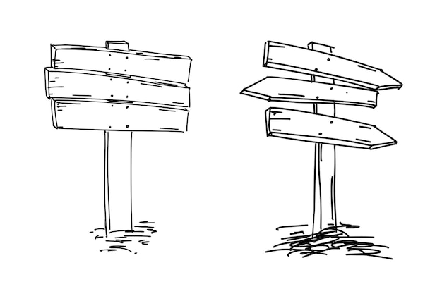 Flechas dobles Boceto dibujado a mano Ilustración vectorial Señal de dirección Boceto de garabato de indicador de madera