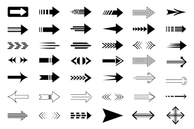 Flechas elementos gráficos aislados establecidos en diseño plano paquete de diferentes cursores de línea negra y punteros de direcciones botones de punta de flecha de navegación para la interfaz de la aplicación ilustración vectorial