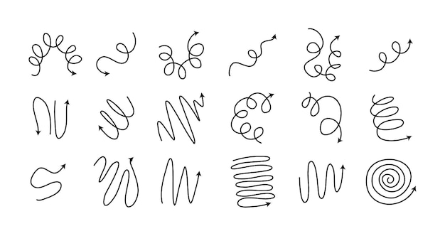 Flechas en espiral Conjunto de Doodle dibujado a mano Iconos de bobina de flecha de resorte Líneas flexibles Trucado editable