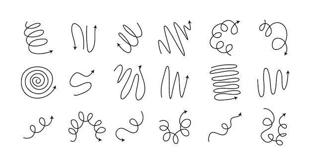 Flechas en espiral Conjunto de Doodle dibujado a mano Iconos de bobina de flecha de resorte Líneas flexibles Trucado editable
