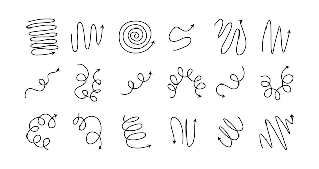 Flechas en espiral Conjunto de Doodle dibujado a mano Iconos de bobina de flecha de resorte Líneas flexibles Trucado editable