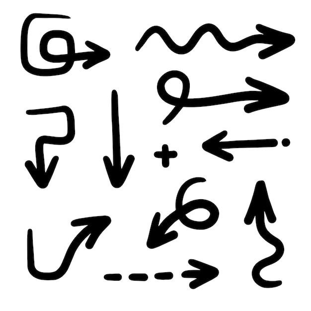 Flechas de garabateo vectorial dibujadas a mano con muchas colecciones en el interior