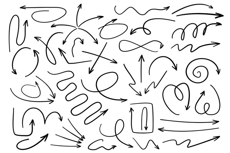 Vector flechas de garabato mega establecidas en diseño de dibujos animados planos elementos de paquete de punteros de línea de tinta con diferentes direcciones remolino repetir hacia abajo hacia arriba y otros objetos gráficos aislados de ilustración vectorial