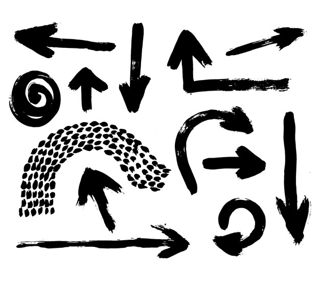 Las flechas del grunge, el pincel vectorial, la pintura, la tinta negra, las pinceladas, las flechas, el diseño vectorial y los elementos del grunge.