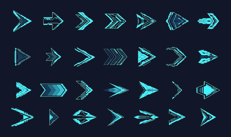 Vector flechas de hud flecha de ciencia ficción de holograma o punteros de triángulo de luz futurista cursor de movimiento direccional digital juego de ciberpunk de neón símbolo de orientación de interfaz de usuario ilustración de vector chillón