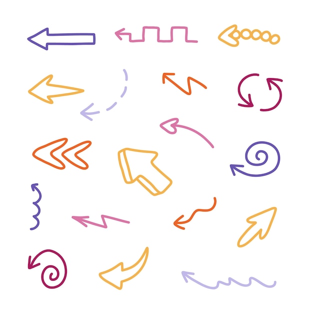 Flechas lindas en estilo doodle cómico Colección de dibujos animados de flechas con líneas curvas dibujadas a mano se arremolina en diferentes direcciones Iconos de marcas de flechas de negocios aislados en fondo blanco