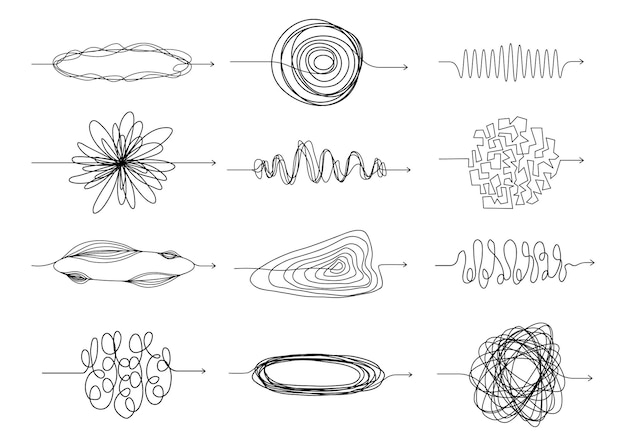 Flechas de línea desordenadas Doodle camino espiral con diferentes formas de escribir nudos caóticos y garabatos Vector doodle conjunto aislado Caos dibujado a mano garabatos caminos curvos o mente confusa