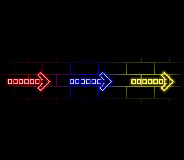 Flechas de luz de neón azul brillante que apuntan a la derecha representación 3D de flechas de neón brillantes en un b negro