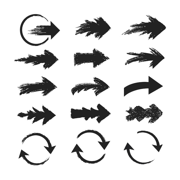 Flechas negras dinámicas en varios estilos con efectos de pinceladas que muestran movimiento y dirección en arte vectorial minimalista