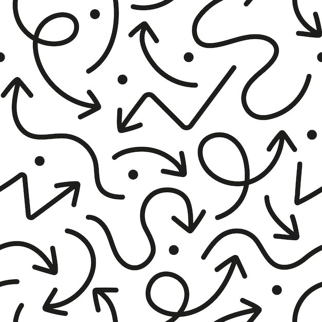 Las flechas negras divertidas garabatean un patrón sin costuras, un fondo artístico de estilo minimalista creativo, simple e infantil.