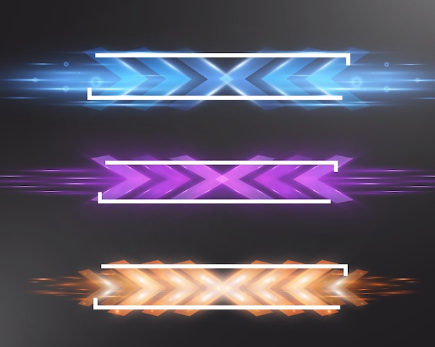 Flechas de neón brillantes futuristas con efecto de borrón de movimiento en diferentes colores sobre un fondo oscuro