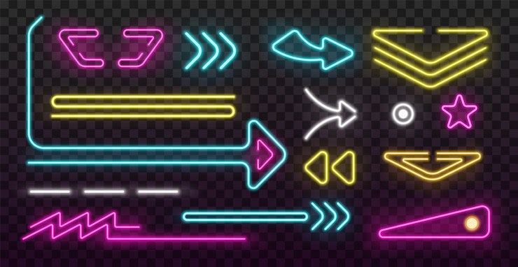 Vector flechas de neón realistas diferentes punteros de colores diseño de letreros publicitarios diferentes formas objetos luminosos lámparas de línea brillante símbolos de dirección de iluminación conjunto de elementos brillantes vectoriales