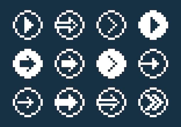 Flechas de píxel de 8 bits en círculos conjunto de iconos vectoriales, colección de cursores de dirección de flecha en PC antiguo o estilo de consola de juegos, símbolos de un solo color para logotipos.