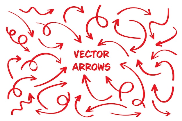 Flechas rojas dibujadas a mano aisladas sobre un fondo blanco Flecha Doodle en zigzag y punteros redondos Esbozos hechos a mano de símbolos de dirección Ilustración vectorial