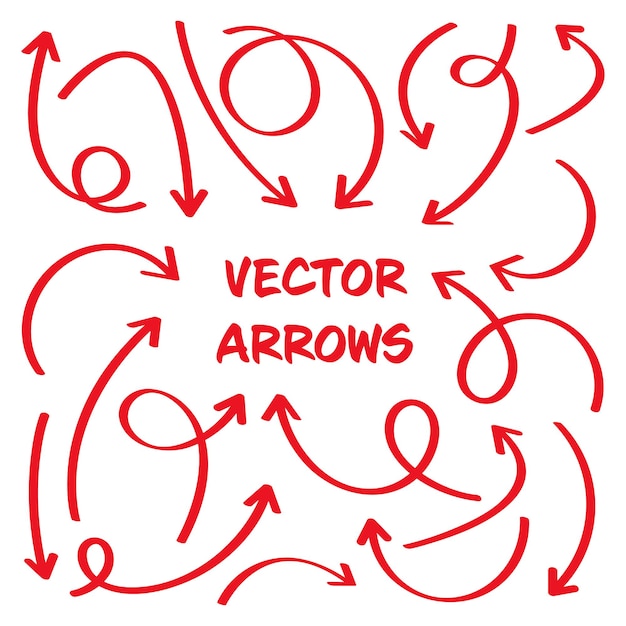 Flechas rojas dibujadas a mano aisladas sobre un fondo blanco Flecha Doodle en zigzag y punteros redondos Esbozos hechos a mano de símbolos de dirección Ilustración vectorial