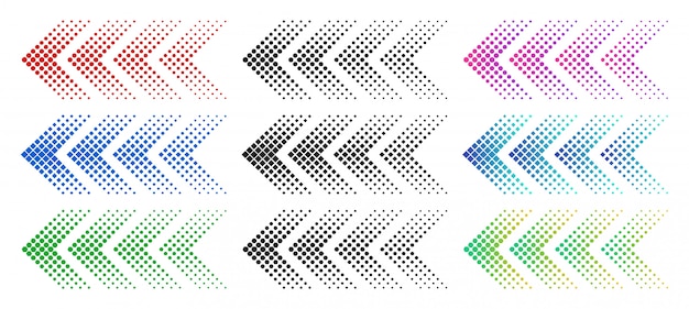 Flechas de semitono. Flecha web de color con puntos. Colorido punteado hacia adelante y descargar símbolos conjunto aislado