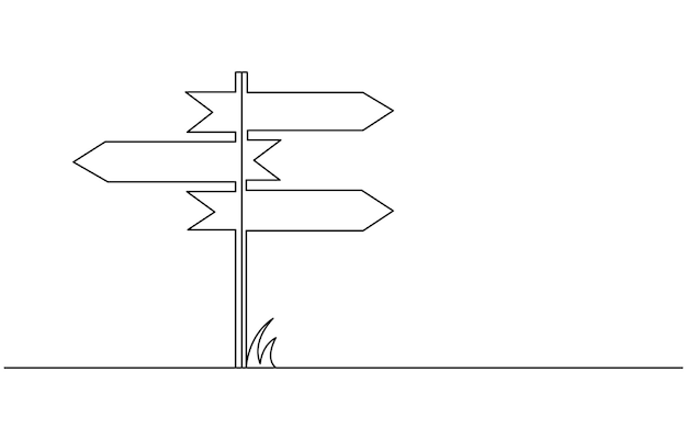 Las flechas de la señal de dirección de la carretera aisladas sobre un fondo blanco dibujo continuo de una línea Fingerpost