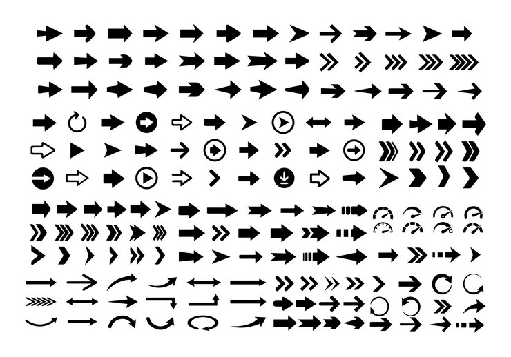 Vector las flechas son una colección de iconos grandes y negras. el cursor de la flecha es una flecha simple moderna.