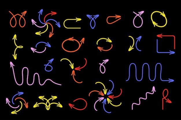 Vector flechas vectoriales colocadas sobre fondo negro, muchos colores, rojo, rosa, amarillo, azul, dibujado a mano, flechas de garabato, elementos de diseño de puntero