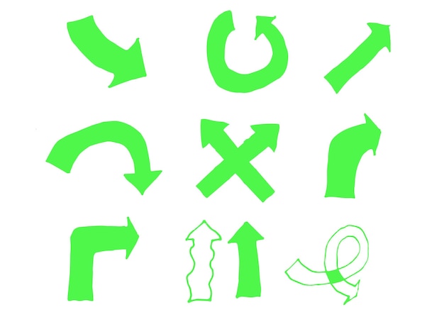 Flechas vectoriales verdes dibujadas a mano sobre un fondo blanco Puntos de flechas iconos